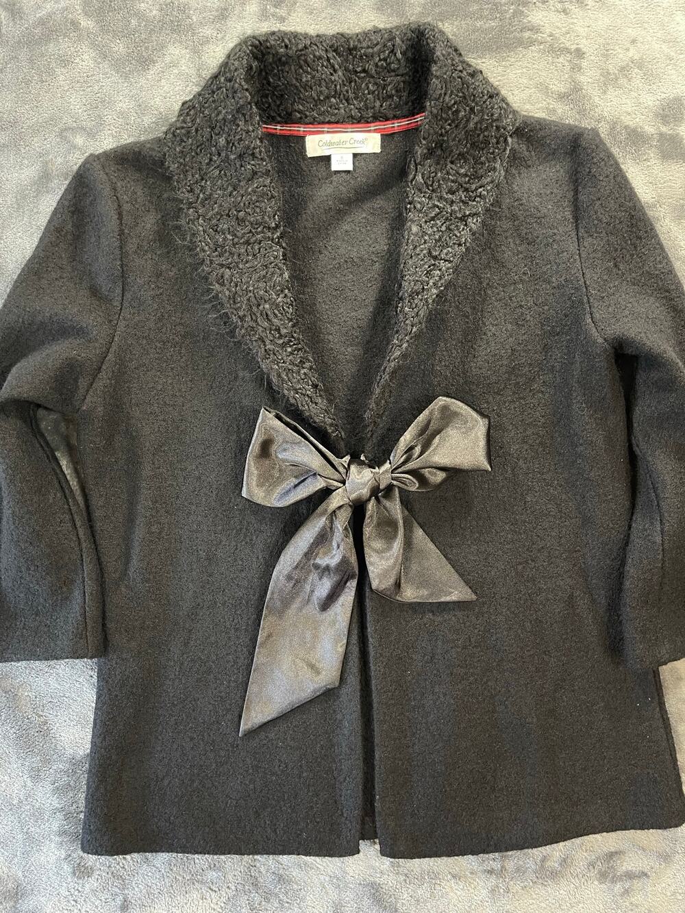 Coldwater Creek Size S Black 100% Wool Cardigan Faux Fur Shawl Collar Bow Tie